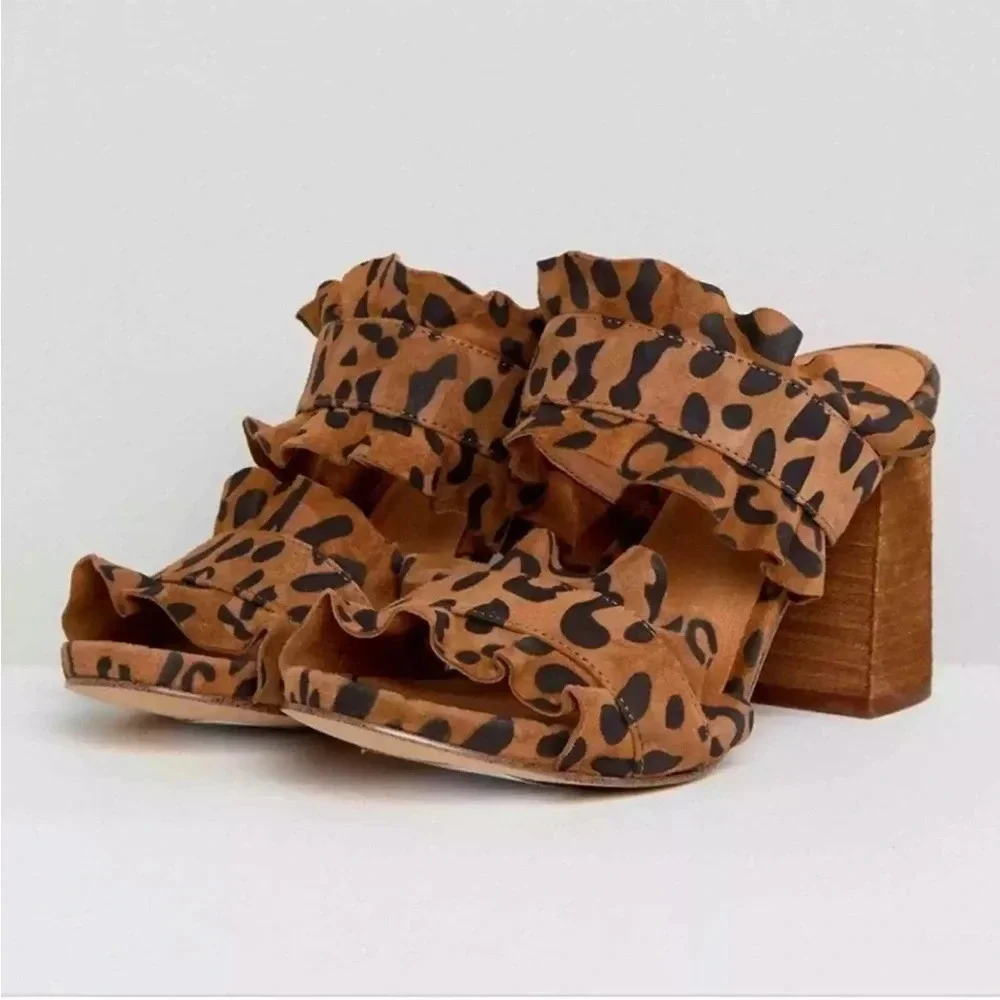 Leopard Print Ruffle Strap Block Heel Mules - Brown - Picture 13 of 13